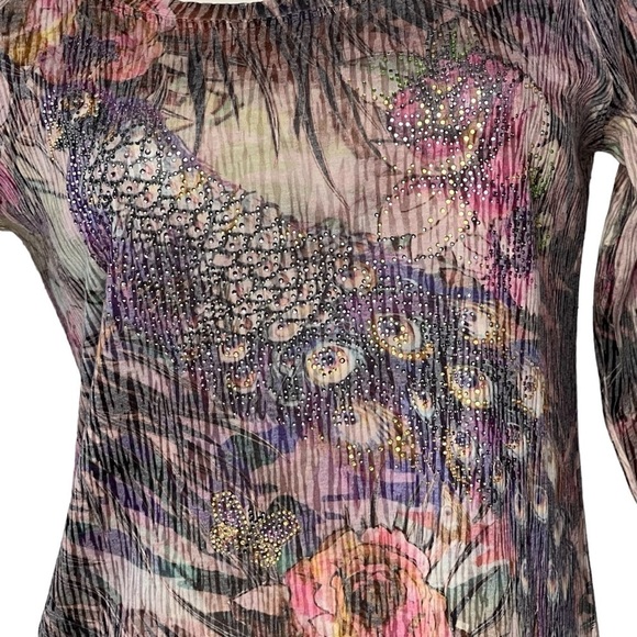 CHICO'S Multi-colored Floral Bird Sequins Embellished Top Size S - Picture 11 of 16